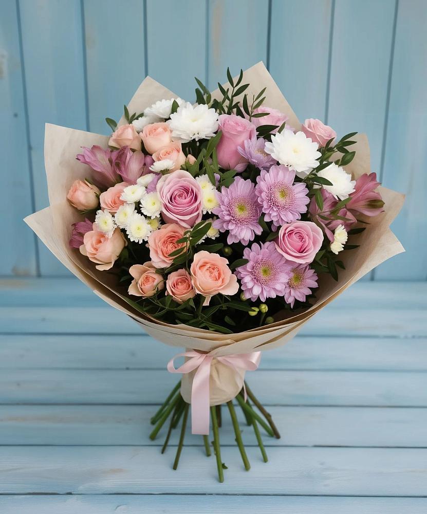 Букет цветов из: Хризантемы, Розы и Альстромерии в Винодельненском