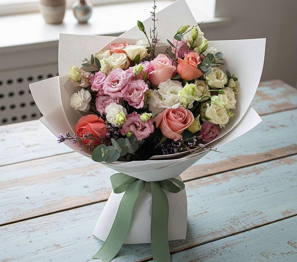 Букет цветов из: Розы, Лизиантусы и Гвоздики в Винодельненском