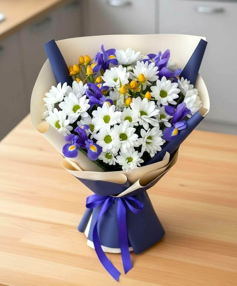 Букет цветов из: Розы, Ирисы и Хризантемы в Винодельненском