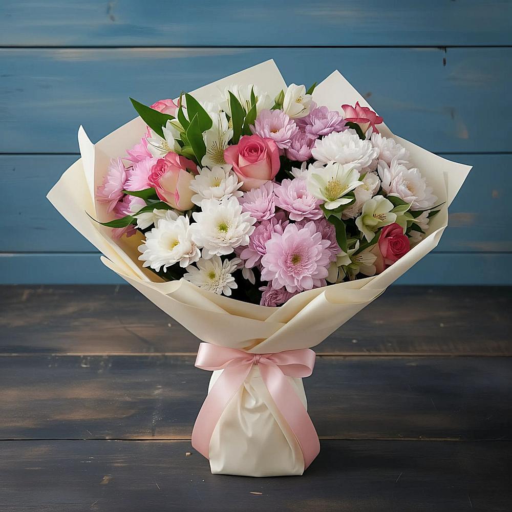 Букет цветов из: Хризантемы, Альстромерии и Розы в Винодельненском